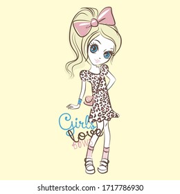Pretty fashion girl vector character illustration. Girls love collection