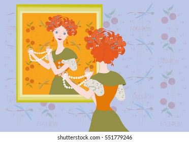 Pretty fashion red hair sweet girl with necklace in her hands looking at the mirror 