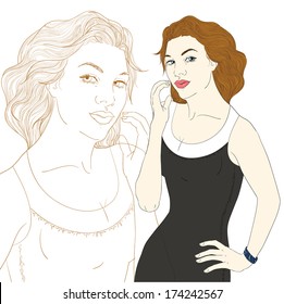 Pretty fashion woman in black dress hand painted vector illustration