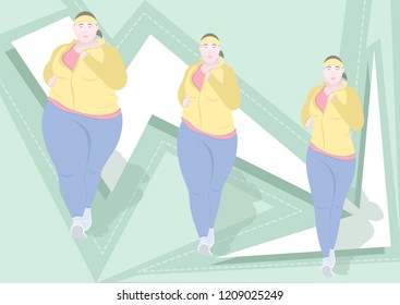 Pretty fat woman fitness stages weight loss, flat drawing, colorful vector illustration. Plump girl in three stages of losing weight, front view, full face portrait isolated on white background