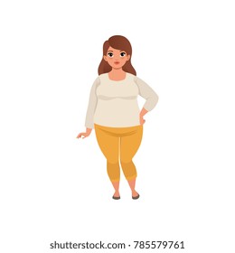 Pretty Fat Woman Posing Isolated On White. Cartoon Character Of Caucasian Brunette Girl With Brown Hair In Beige Blouse And Yellow Pants. Isolated Flat Vector Design