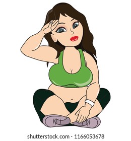 Pretty fat woman sitting on the floor got tired planning to do exercise but feeling sick gym dress trouser tops bra sinker illness obesity fatty