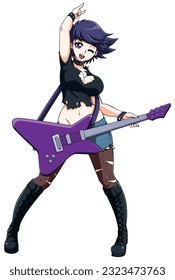 Pretty female anime guitarist isolated on white background.