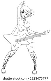 Pretty female anime style guitarist line art.