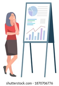 Pretty female brainstorming near board with financial data. Vector creative woman in red blouse and statistics billboard with graphs and charts, business analysis