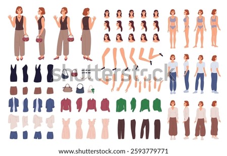 Pretty female character kit. Cartoon woman in different clothes. Various emotions and poses. Activity positions. People body constructor. Clothing and accessories. Garish