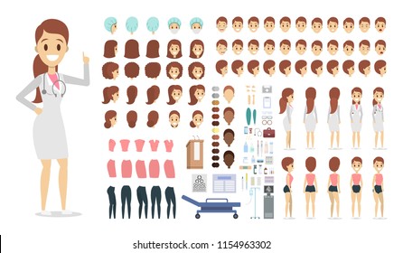 Pretty female doctor character set for animation with various views, hairstyles, emotions, poses and gestures. Medical equipment such as syringe and stethoscope. Isolated vector illustration