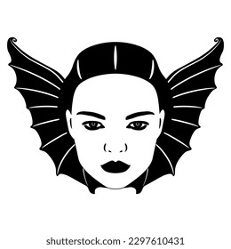 Pretty female face with bat wings. Vampire lady. Fantastic Goth design. Black and white silhouette.