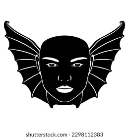 Pretty female face with bat wings. Vampire lady. Fantastic Goth design. Black and white negative silhouette.