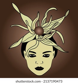 Pretty female face with beautiful flower as her hat. Creative botanical concept.