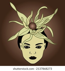 Pretty female face with beautiful flower as her hat. Creative botanical concept.