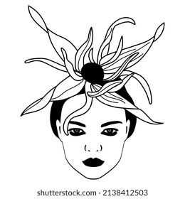 Pretty female face with beautiful flower as her hat. Creative botanical concept. Black and white silhouette.