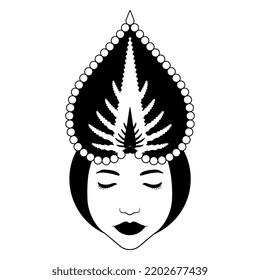 Pretty female face with Coleus leaf as her crown. Fantastic character. Creative botanical design. Black and white silhouette.