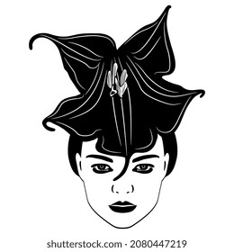 Pretty female face with datura flower as her hat or hair. Creative botanical concept. Black and white silhouette.