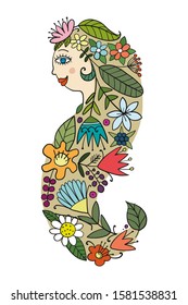 Pretty female face with floral hairstyle for your design. Vector illustration