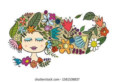 Pretty female face with floral hairstyle for your design. Vector illustration