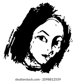 Pretty female face. head of a smiling young woman. Hight contrast black and white silhouette. Hand drawn rough sketch.