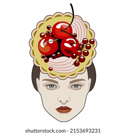 Pretty female face with a round fruit tart as her hat. Creative funny food concept. Isolated vector illustration.
