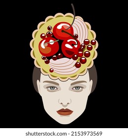 Pretty female face with a round fruit tart as her hat. Creative funny food concept. On black background. Isolated vector illustration.