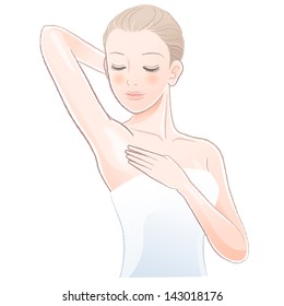 Pretty female gently touching and looking her clean armpit.File contains Gradients, Transparency, Blending Tooll(expanded).