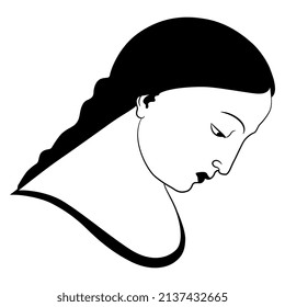 Pretty female head. Portrait of a beautiful sad Renaissance woman. Black and white silhouette. Virgin Mary.