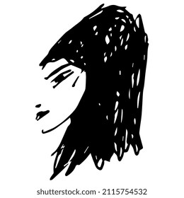 Pretty female head in profile. Face of a young woman with lush hair. Female portrait. Hand drawn linear doodle rough sketch. Black silhouette on white background.