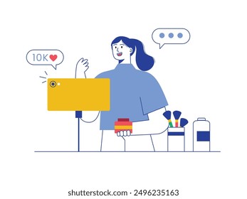 Pretty female influencer creating a video skincare routine. Fashion and beauty. Character design. Vector flat illustration