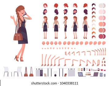 Pretty Female Office Employee Character Creation Set. Full Length, Different Views, Emotions Gestures. Business Casual Women Fashion. Build Your Own Design. Cartoon Flat-style Infographic Illustration