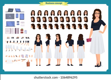 Pretty female office employee character creation set. Full length, different views, emotions gestures. Business casual women fashion. Build your own design. Cartoon flat-style infographic illustration