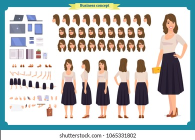 Pretty female office employee character creation set. Full length, different views, emotions gestures. Business casual women fashion. Build your own design. Cartoon flat-style infographic illustration