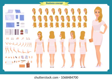 Pretty female office employee character creation set. Full length, different views, emotions gestures. Business casual women fashion. Build your own design. Cartoon flat-style infographic illustration