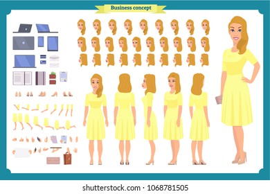 Pretty female office employee character creation set. Full length, different views, emotions gestures. Business casual women fashion. Build your own design. Cartoon flat-style infographic illustration