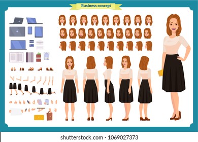 Pretty female office employee character creation set. Full length, different views, emotions gestures. Business casual women fashion. Build your own design. Cartoon flat-style infographic illustration