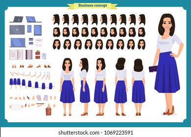 Pretty female office employee character creation set. Full length, different views, emotions gestures. Business casual women fashion. Build your own design. Cartoon flat-style infographic illustration