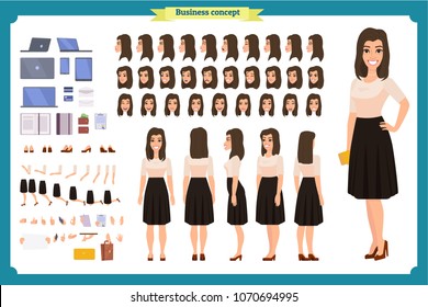 Pretty female office employee character creation set. Full length, different views, emotions gestures. Business casual women fashion. Build your own design. Cartoon flat-style infographic illustration