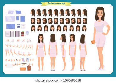 Pretty female office employee character creation set. Full length, different views, emotions gestures. Business casual women fashion. Build your own design. Cartoon flat-style infographic illustration