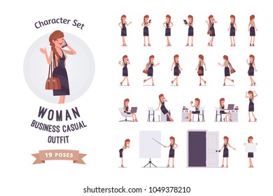 Pretty female office employee in elegant dress at modern workplace ready-to-use character set. Business casual women fashion concept, full length, different views, gestures, emotions, front, rear view