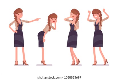 Pretty female office employee, feeling negative emotions, hate her job, tired with work, angry. Business casual women fashion concept. Vector flat style cartoon illustration isolated, white background