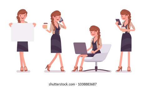 Pretty female office employee sitting at chair, working with laptop and phone, holding banner. Business casual women fashion concept. Vector flat style cartoon illustration isolated, white background