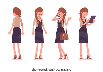 Pretty female office employee standing, talking to phone, working with tablet. Business casual women fashion concept. Vector flat style cartoon illustration isolated, white background, front, rear