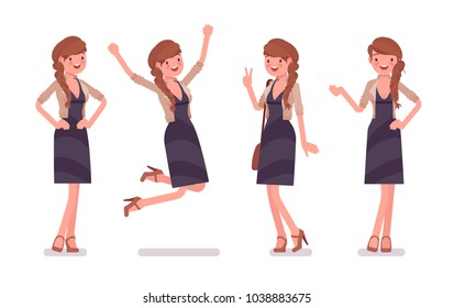 Pretty female office employee standing, feeling positive emotions, enjoy her career success. Business casual women fashion concept. Vector flat style cartoon illustration isolated, white background