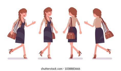 Pretty female office employee walking, running, in hurry to work, busy at job. Business casual women fashion concept. Vector flat style cartoon illustration isolated, white background, front, rear