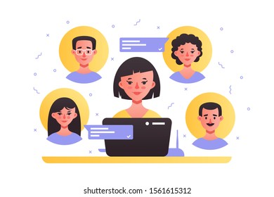 Pretty female sitting near high-tech laptop vector illustration. Brunette remotely having lovely chat with friends via internet connection application flat style concept