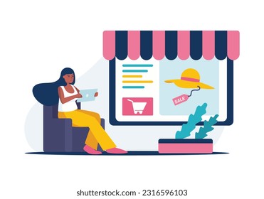 Pretty female sitting on armchair, holding tablet and ordering hat. Discount and sale in online store concept. Mobile app for making purchases via Internet. Vector flat illustration