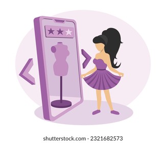 Pretty female standing near mobile screen, selecting dress in online store, dress fitting online via mobile app. Buying clothes and product rating. Vector flat illustration in purple trendy colors