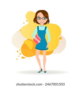 Pretty female student with book. Young girl with short hair in eyeglasses in skirtalls. Education concept. Vector illustration can be used for topics like fashion, youth, lifestyle