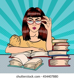 Pretty Female Student Reading Books in Library. Pop Art. Vector illustration