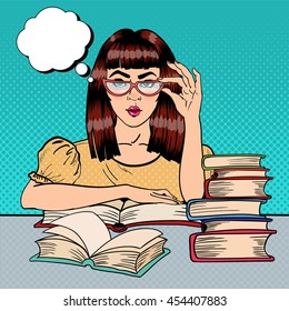 Pretty Female Student Reading Books in Library. Pop Art. Vector illustration