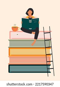 Pretty female student sits with a book in her hands on a stack of large books barefoot in the library with a cup of tea. The concept of online education and useful reading. Vector.