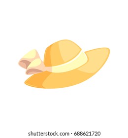 Pretty feminine straw summer hat with wide brims, cartoon vector illustration isolated on white background. Summer straw floppy hat with white ribbon, beach vacation attribute